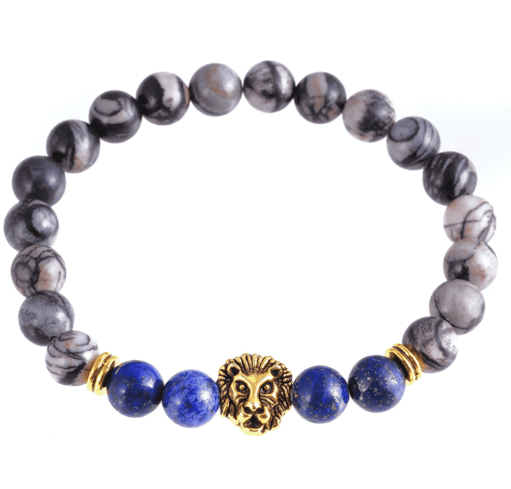 Feshionn IOBI bracelets Gold/Blue Lion Head Genuine Agate Gemstone Bead Bracelet
