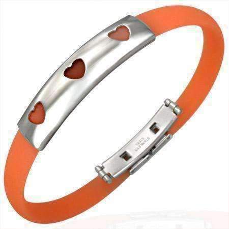 Feshionn IOBI bracelets Hearts Orange Band Silicone Bracelet with Stainless Steel Cut Out Designs ~ Choose Your Design