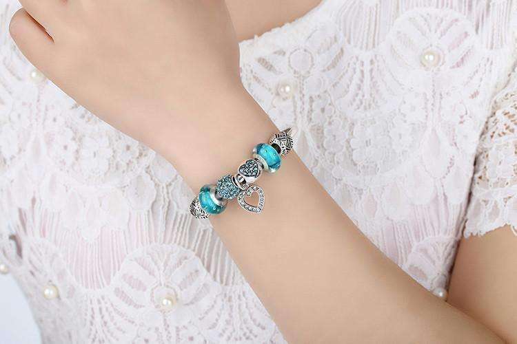 Feshionn IOBI bracelets Inspirational Heart Aqua Crystal Charm Collection Silver Bangle Bracelet **dont use***