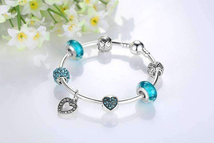 Feshionn IOBI bracelets Inspirational Heart Aqua Crystal Charm Collection Silver Bangle Bracelet **dont use***