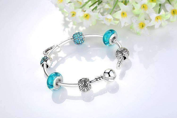 Feshionn IOBI bracelets Inspirational Heart Aqua Crystal Charm Collection Silver Bangle Bracelet **dont use***