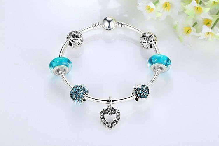 Feshionn IOBI bracelets Inspirational Heart Aqua Crystal Charm Collection Silver Bangle Bracelet **dont use***