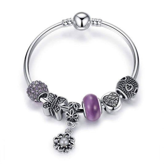 Feshionn IOBI bracelets "Meadow" Purple Butterfly & Hearts Silver Bangle Bracelet