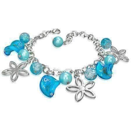 Feshionn IOBI bracelets Pacific Blue Daisy Chain Lamp Work Glass Bead Charm Bracelet ~ Three Colors to Choose