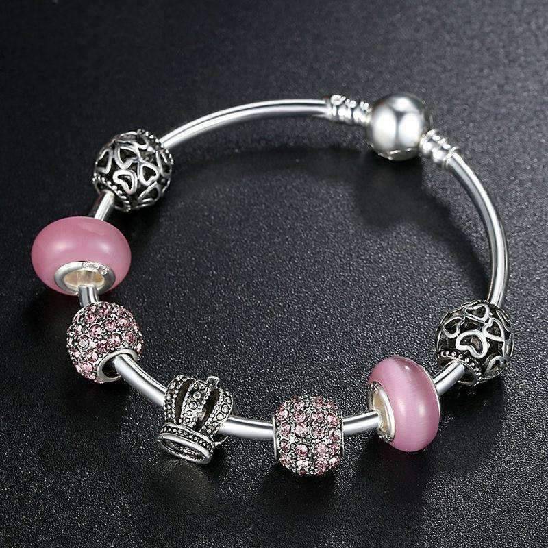 Feshionn IOBI bracelets Queen of Hearts Pink Crystal Silver Bangle Bracelet