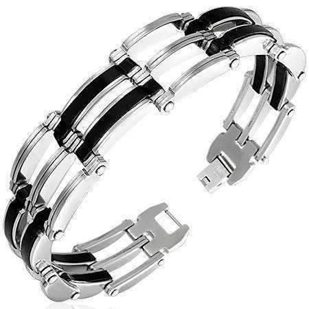 Feshionn IOBI bracelets Stainless Steel Stainless Steel w/ Black Rubber Geometric Men's Link Bracelet