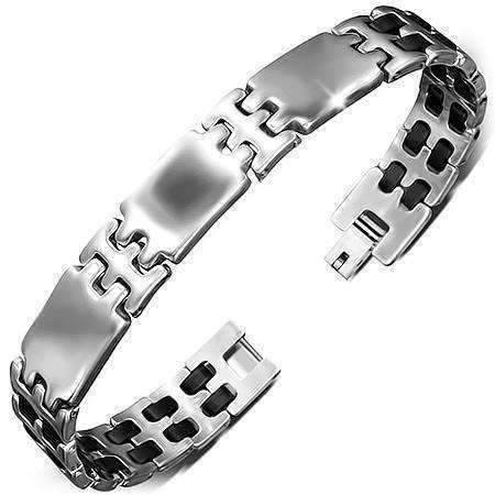 Feshionn IOBI bracelets Stainless Steel Triple Panel Stainless Steel Men's Bracelet With Black Rubber Links