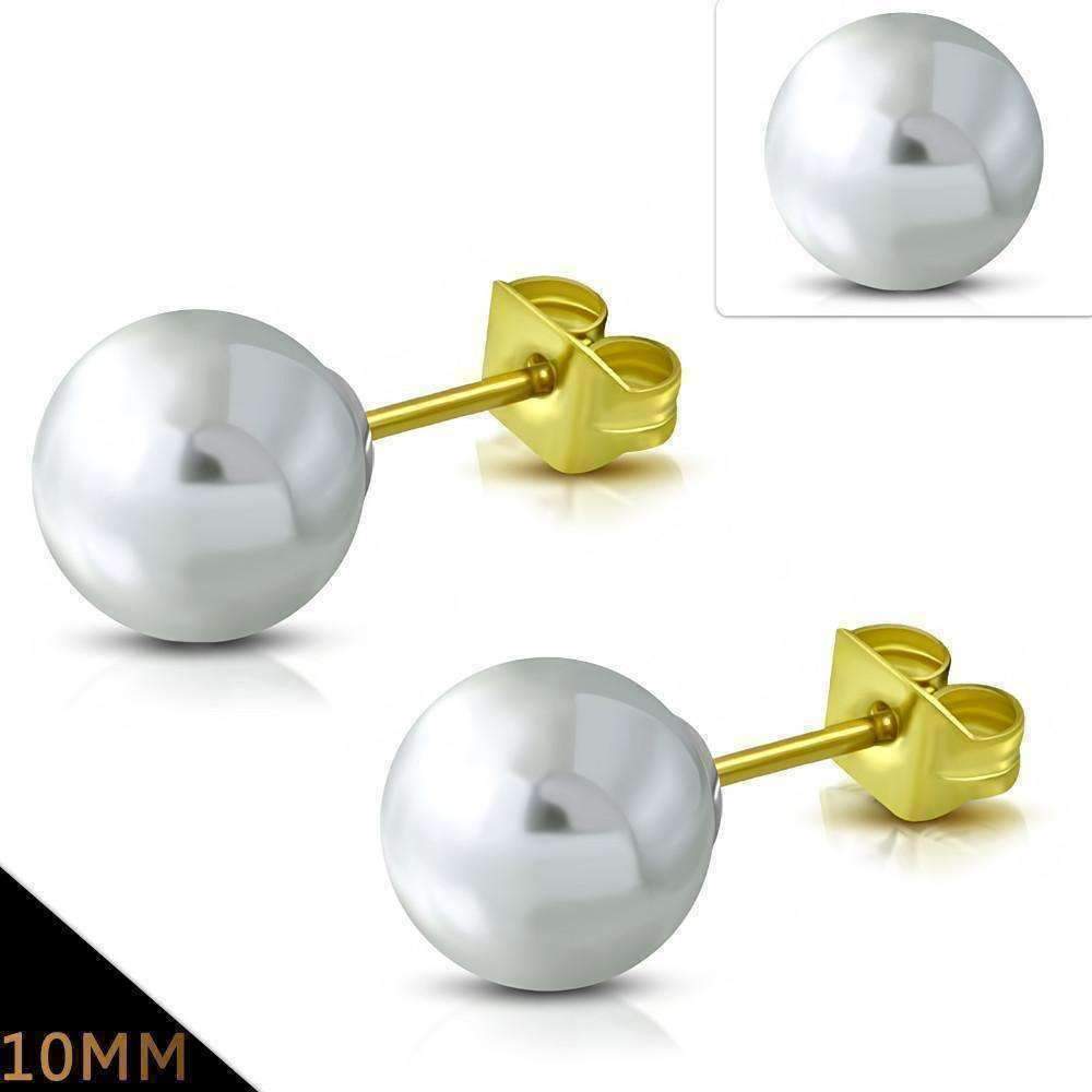 Feshionn IOBI Earrings 10mm / Snowy White ON SALE - Snowy White Pearl Bead Solitaire Stud Earrings 18K Gold Plated Stainless Steel