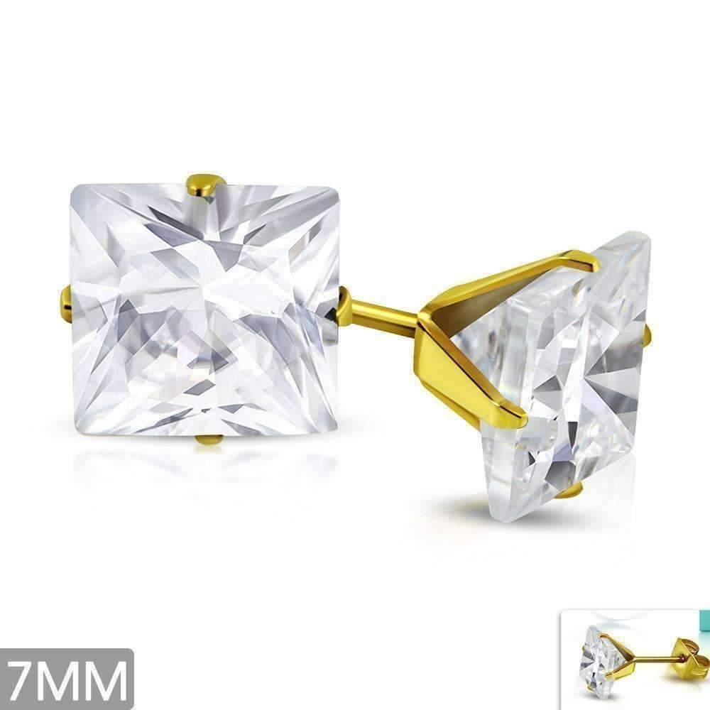 Feshionn IOBI Earrings 7mm / 18K Gold Plated ON SALE - Princess Cut Swiss Cubic Zirconia Stud Earrings 18K Gold Plated 316 Stainless Steel