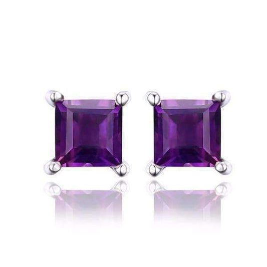 Feshionn IOBI Earrings Amethyst Royal Purple Princess Cut 0.5 CT Genuine Amethyst IOBI Precious Gems Stud Earrings