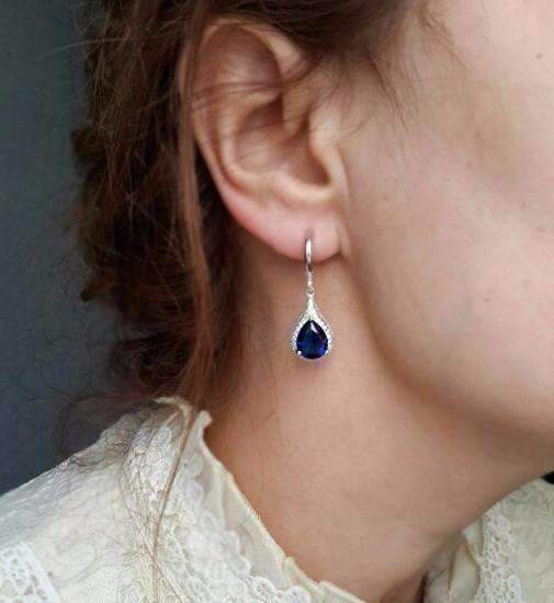 Feshionn IOBI Earrings Beau Monde Pear Cut Simulated Sapphire and Milgraine Hoop Earrings