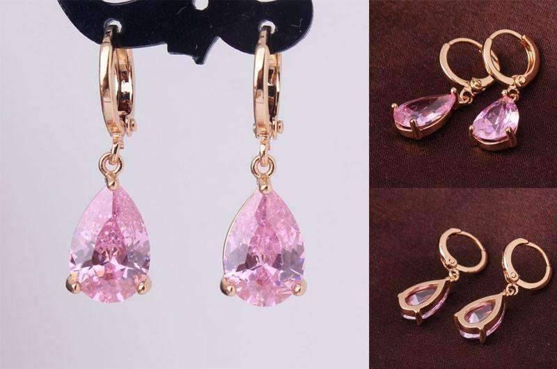 Feshionn IOBI Earrings Blushing Pink on Yellow gold plating ON SALE - Raindrop Diamond Dust Infused Dangling Earrings in Diamond White or Blushing Pink