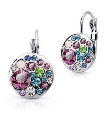 Feshionn IOBI Earrings Dark Pink Stone Party Confetti Austrian Crystal White Gold Plated Leverback Earrings