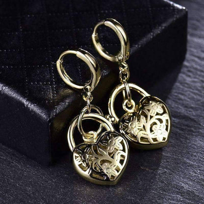 Feshionn IOBI Earrings Floral Etched Heart Padlock Charm Earrings