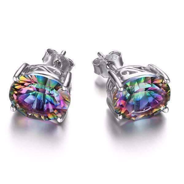 Feshionn IOBI Earrings Rainbow Oval Earrings Genuine Rainbow Fire Mystic Topaz Oval Cut 5CTW IOBI Precious Gems Stud Earrings