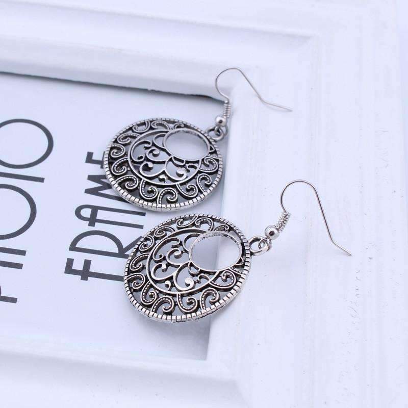 Feshionn IOBI Earrings Round Boho Scroll Silver Patina Hook Earrings
