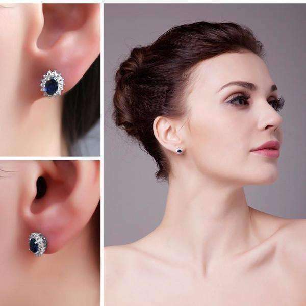 Feshionn IOBI Earrings Swiss Blue Oval Cut 1CTW Simulated Sapphire IOBI Precious Gems Halo Earrings