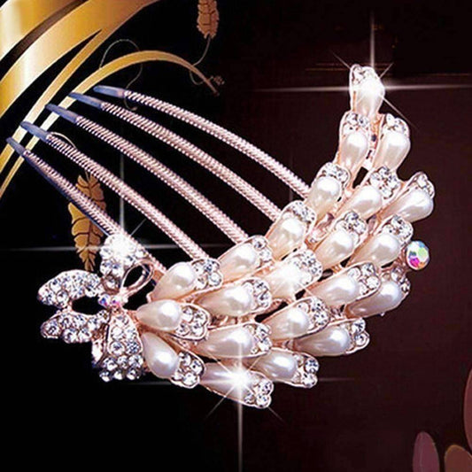 Feshionn IOBI Hair Jewelry Gold Cascade Pearl and Crystal Bow Gold Plated Hair Comb