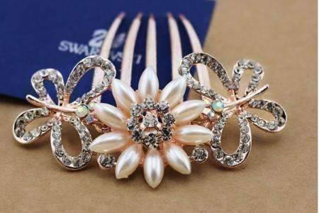 Feshionn IOBI Hair Jewelry Gold Gardenia Pearl Flower and Crystal Butterfly Gold Plated Hair Comb