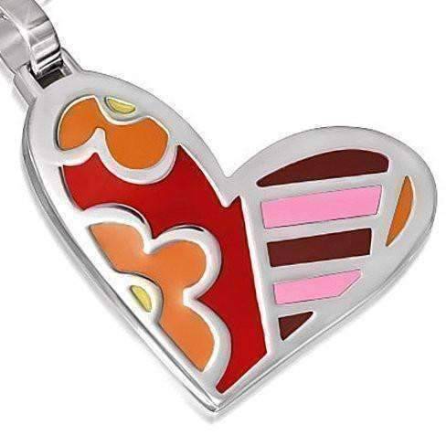 Feshionn IOBI Necklaces Big Heart in Stainless Steel and Colorful Enamel Necklace - Flowers & Stripes