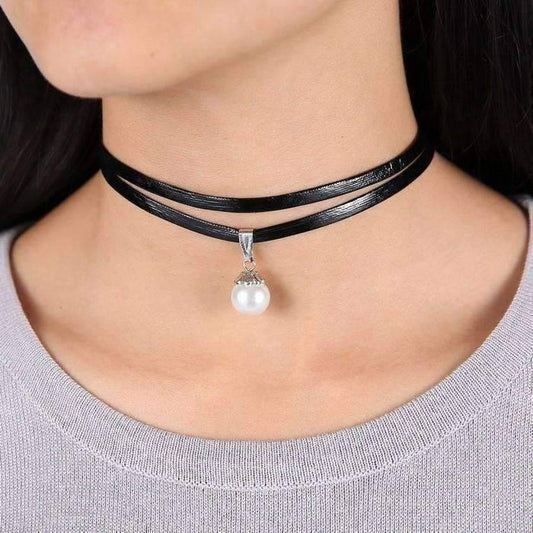 Feshionn IOBI Necklaces Black Pearl Bead Solitaire Two Strand Black Leatherette Choker Necklace