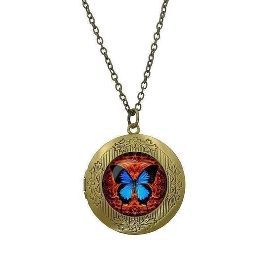 Feshionn IOBI Necklaces Bronze CLEARANCE - Butterfly Glass Cabochon Antique Locket Necklace - Orange on Blue