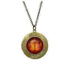 Feshionn IOBI Necklaces Bronze CLEARANCE - Butterfly Glass Cabochon Antique Locket Necklace - Orange on Red