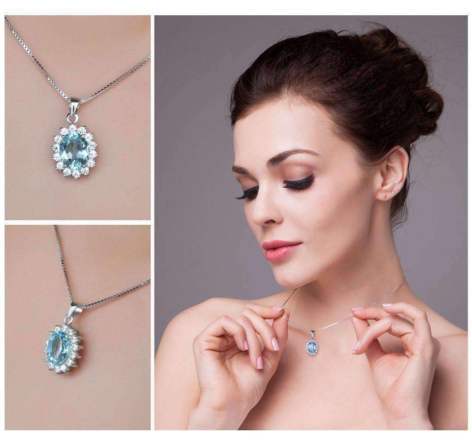 Feshionn IOBI Necklaces French Blue Halo 2.5CT Genuine Topaz IOBI Precious Gems Pendant