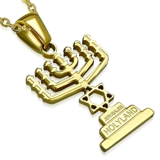 Feshionn IOBI Necklaces Gold Star of David Menorah Pendant and Necklace in Gold Plated Stainless Steel