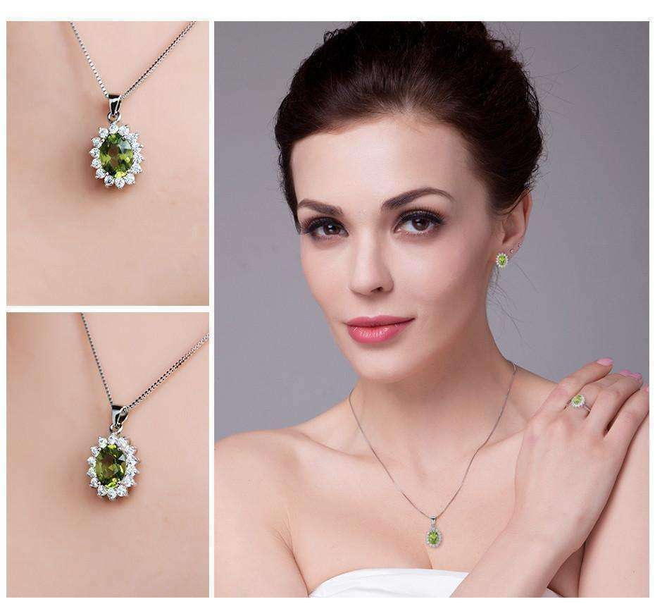 Feshionn IOBI Necklaces Milan Green Halo Oval Cut 2.5CT Genuine Peridot IOBI Precious Gems Pendant