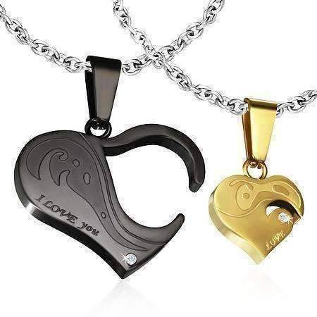 Feshionn IOBI Necklaces Silver Piece of My Heart Black and Gold Stainless Steel Two Piece Puzzle Heart Pendant Necklace