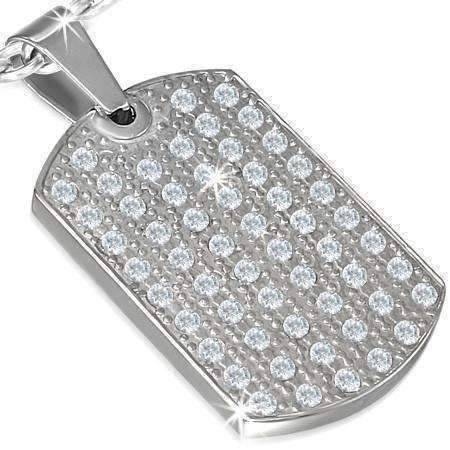Feshionn IOBI Necklaces Stainless Steel CZ Encrusted Stainless Steel Dog Tag Pendant Necklace