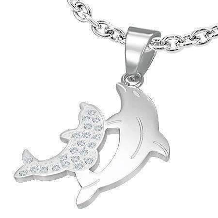 Feshionn IOBI Necklaces Stainless Steel Dolphin Duo Stainless Steel Charm Necklace with CZ Accents