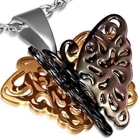 Feshionn IOBI Necklaces Two Tone Monarch 3D Butterfly Black and Rose Gold Stainless Steel Pendant Necklace