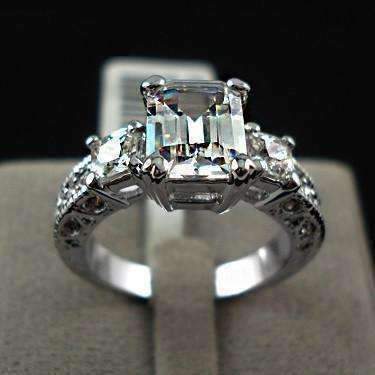Feshionn IOBI Rings 6 Timeless Three Stone Emerald Cut Swiss CZ Diamond Engagement Ring with Princess Accents - Ring