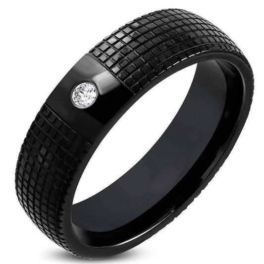 Feshionn IOBI Rings 8 CLEARANCE - Essence Laser Etched Men's Black Stainless Steel Band Ring with Inset CZ
