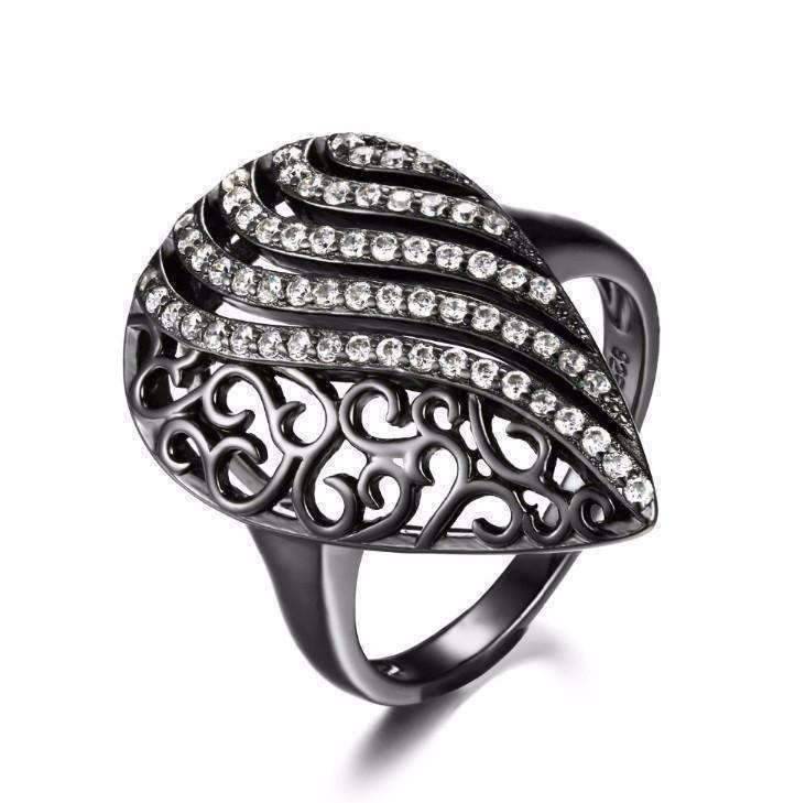 Feshionn IOBI Rings Black / 6 Ebony Swirl Black Gold Filigree and CZ Cocktail Ring