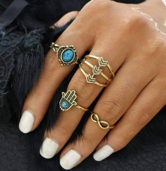 Feshionn IOBI Rings Gold Tone Symbolic Collection Boho Midi-Knuckle Rings Set of 4 - Silver or Gold