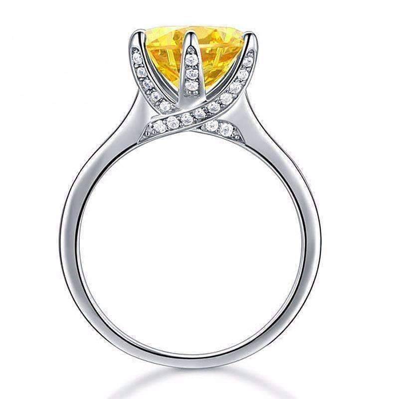 Feshionn IOBI Rings Grande Canary 3CT Simulated Yellow Sapphire Triple Pavé Trellis Solitaire Ring