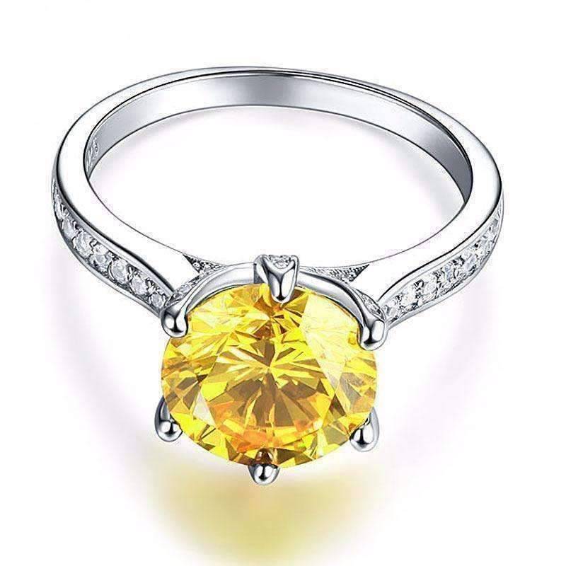 Feshionn IOBI Rings Grande Canary 3CT Simulated Yellow Sapphire Triple Pavé Trellis Solitaire Ring