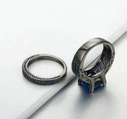 Feshionn IOBI Rings Moonlight Serenade Blue CZ and Black Gold Solitaire Engagement Ring Set