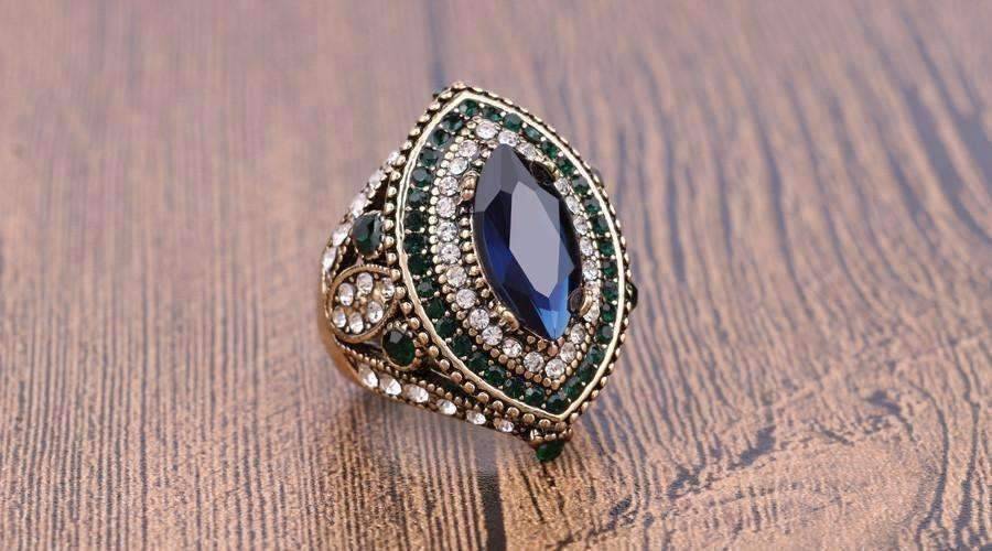 Feshionn IOBI Rings ON SALE Esmeralda Oversize Sapphire Blue and Crystal Antique Style Cocktail Ring