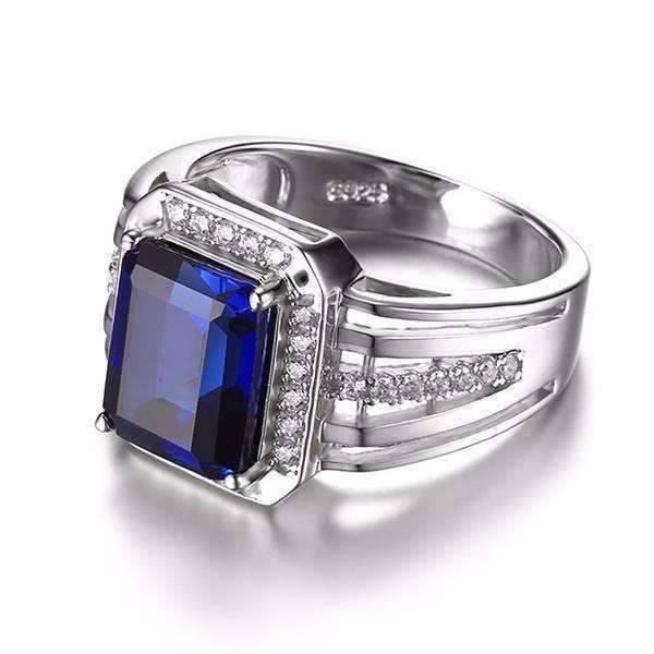 Feshionn IOBI Rings Reginald 4.3CT Emerald Cut Swiss Blue Sapphire IOBI Precious Gems Ring for Women or Men