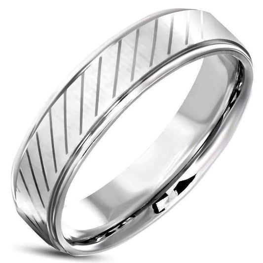 Feshionn IOBI Rings Stainless Steel Men's 6mm Diagonal Striped Comfort Fit 316 Stainless Steel Wedding Band Ring