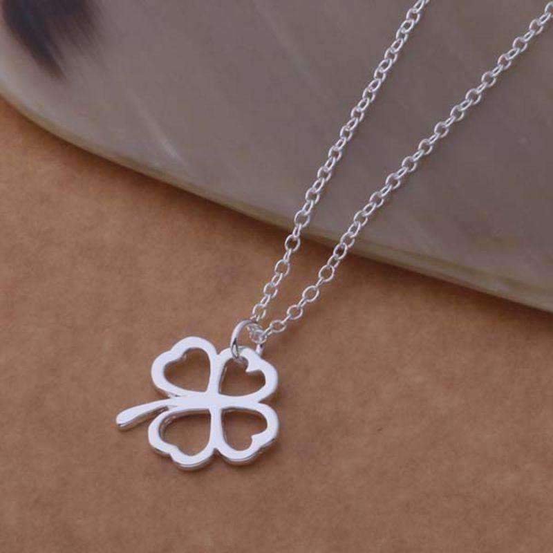 Feshionn IOBI Sets Four Leaf Clover Silhouette Sterling Silver Necklace and Earrings Set