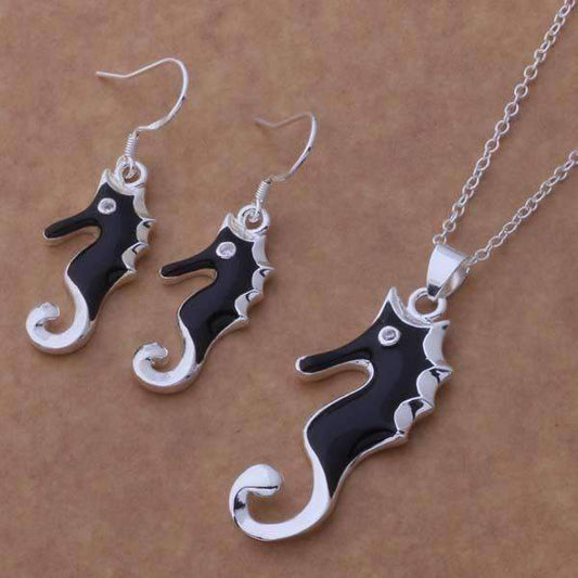 Feshionn IOBI Sets Silver Black Beauty Sterling Silver Seahorse Matching Necklace and Earring Set