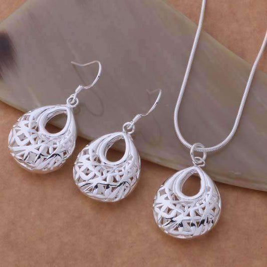 Feshionn IOBI Sets Silver Droplet Sterling Silver Filigree Cage Matching Necklace and Earring Set