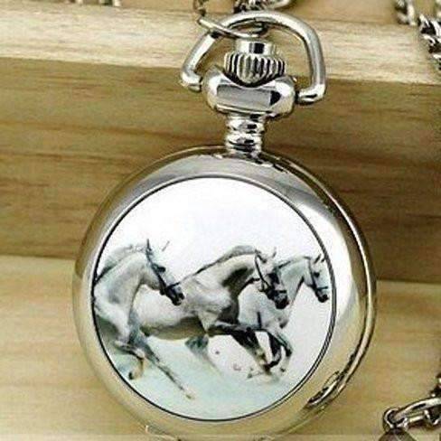 Feshionn IOBI Watches Silver Horse Mini Pocket Watch Long Necklace