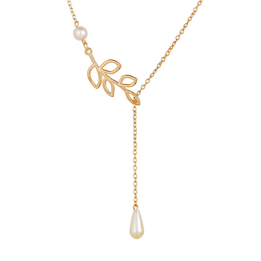 Pearl Droplet Thread Necklace 14K White or Yellow Gold plated for Woman White Pearl