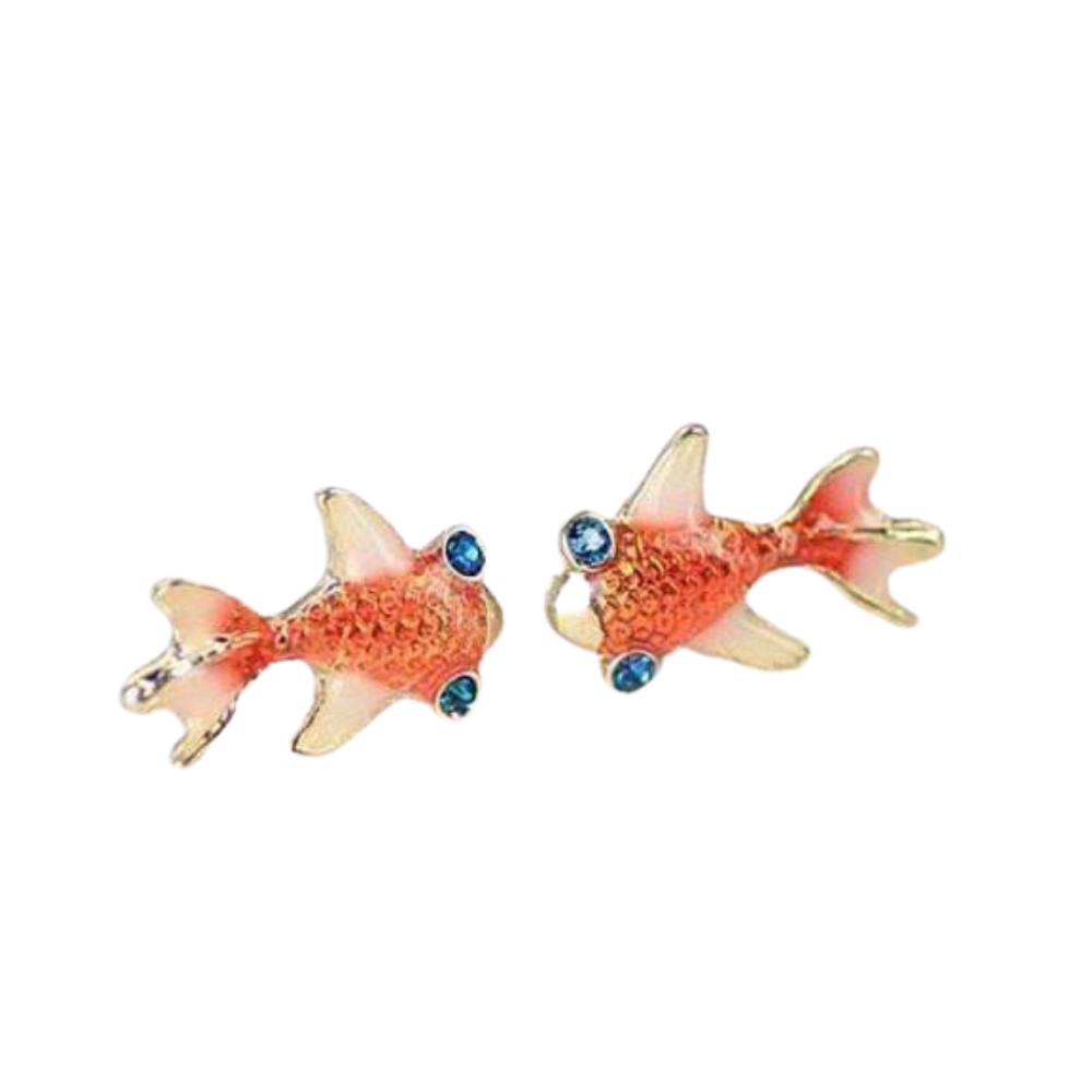 14K Gold Plated Goldfish Earrings with Blue Topaz Crystal Eyes For Woman